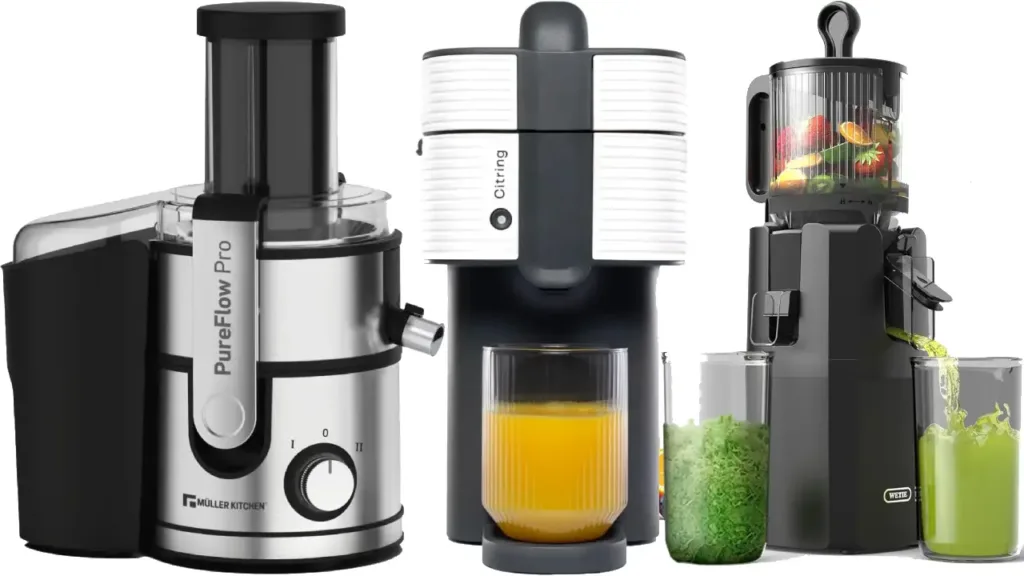 Tres Licuadoras Modernas: Muller Kitchen Licuadora para verduras y frutas. One exprimidor de naranjas electrico automatico. WETIE Extractor de Zumos y Verduras, Licuadora de Prensa en Frío.